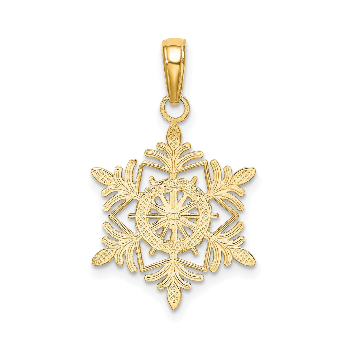 14k Yellow Gold Snowflake Pendant, Textured and Polished Winter Charm for Women