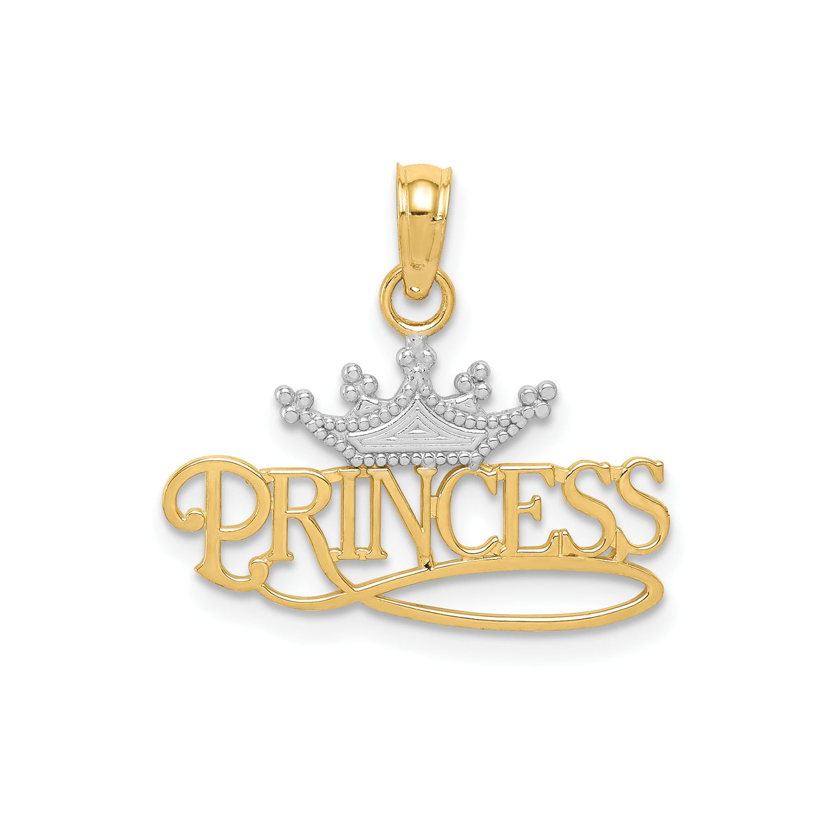 14k Two-Tone Gold Princess Crown Pendant, Statement Charm with Royalty Motif