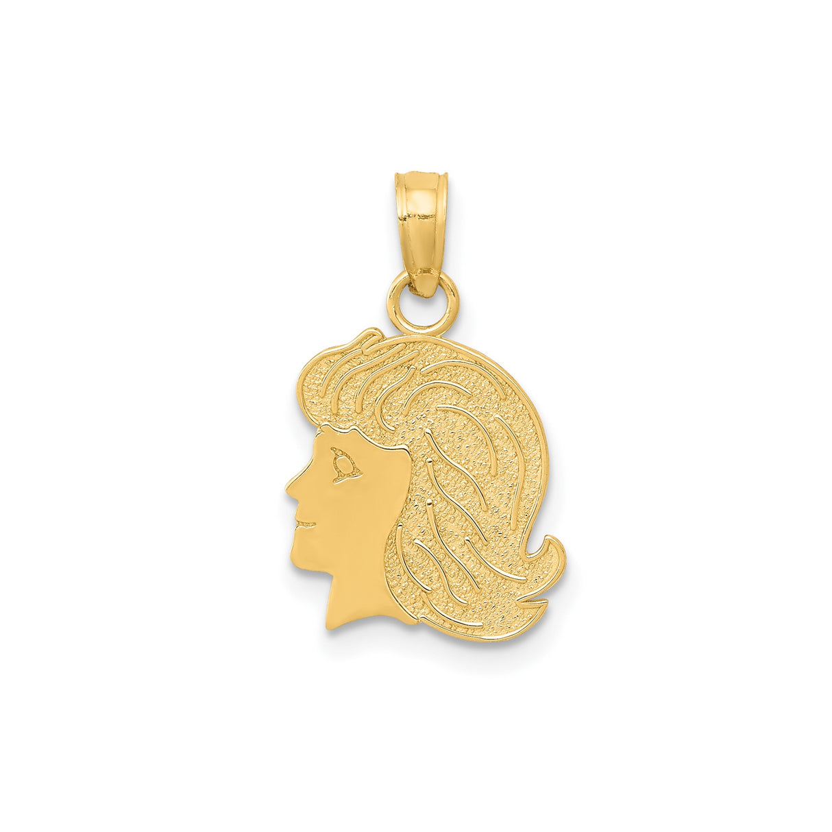 14k Yellow Gold Girl Profile Pendant with Textured Hair, Sentimental Family Jewelry Charm