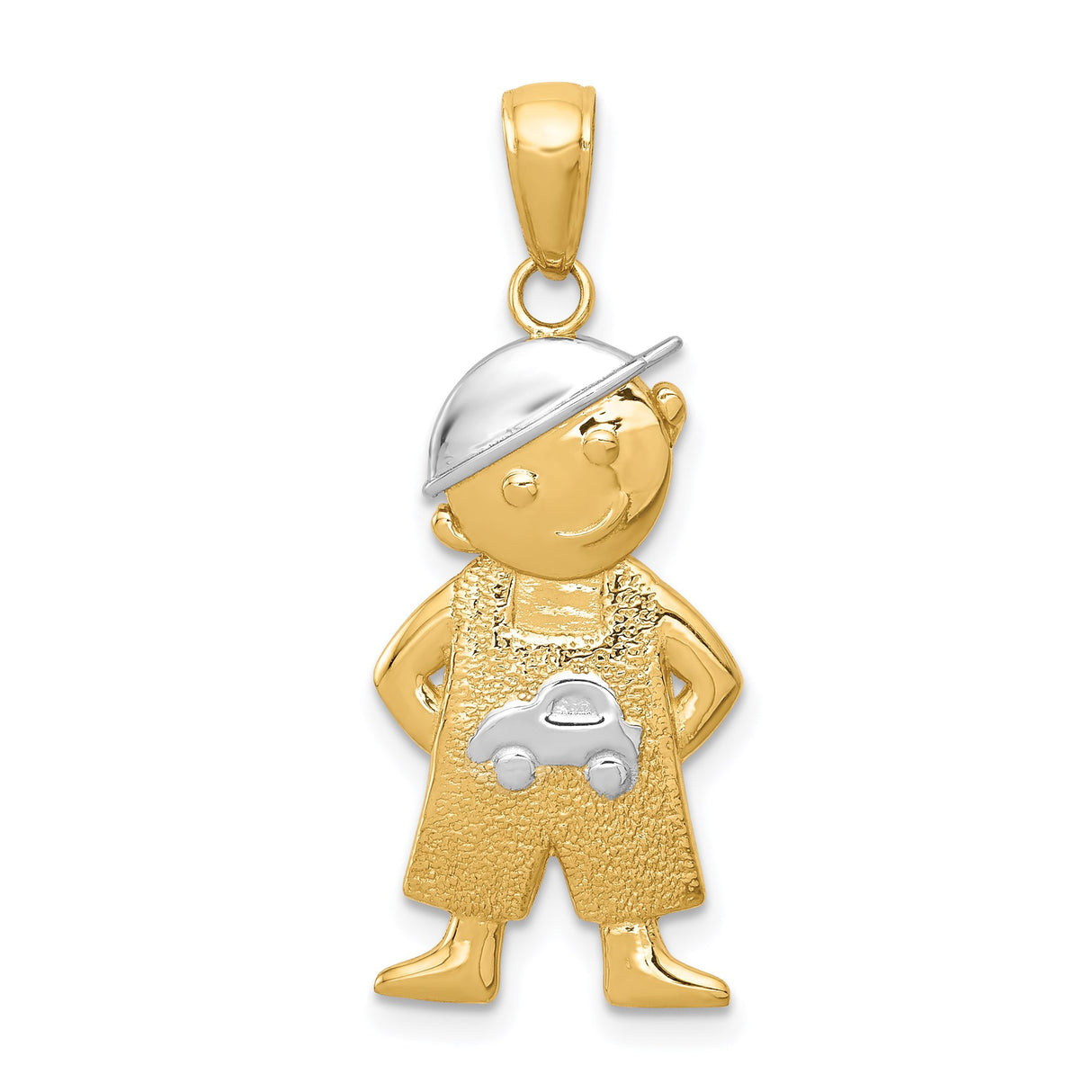 14k Multi-Tone Gold Boy in Overalls Pendant with Toy Car and Cap Detail