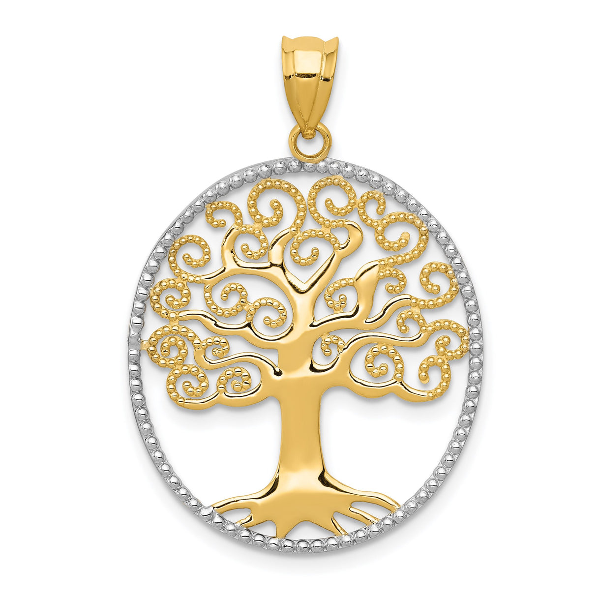 14k Multi-Tone Gold Tree of Life Pendant with Scrollwork Branches in Circle Frame