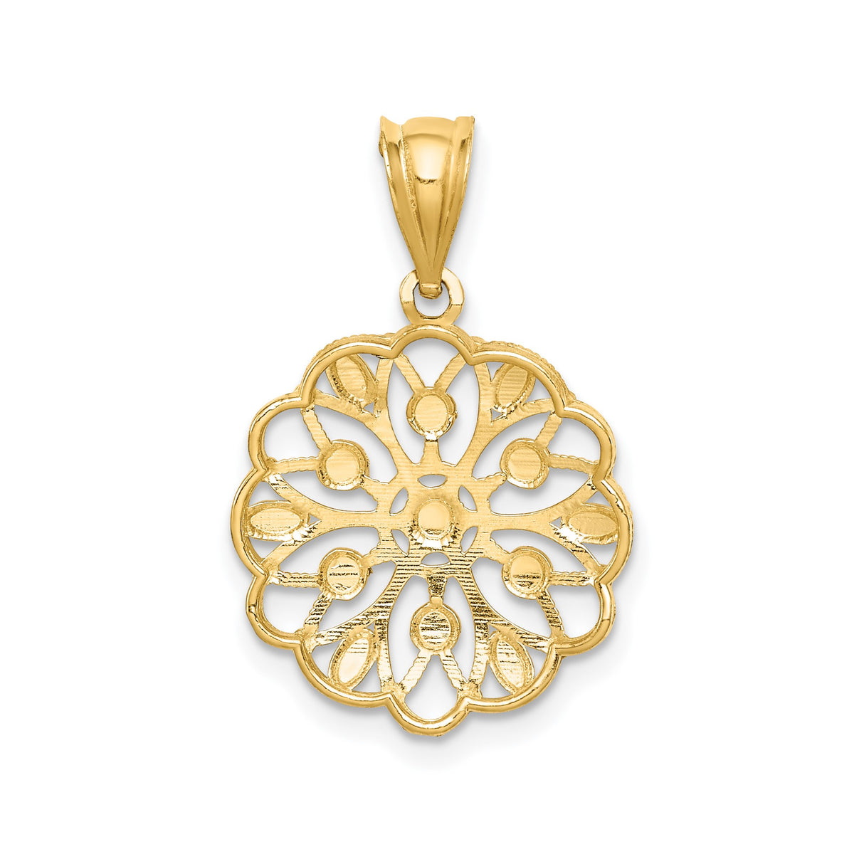 14k Multi-Tone Gold Filigree Pendant with Mandala Floral Design and Diamond Cut Accents