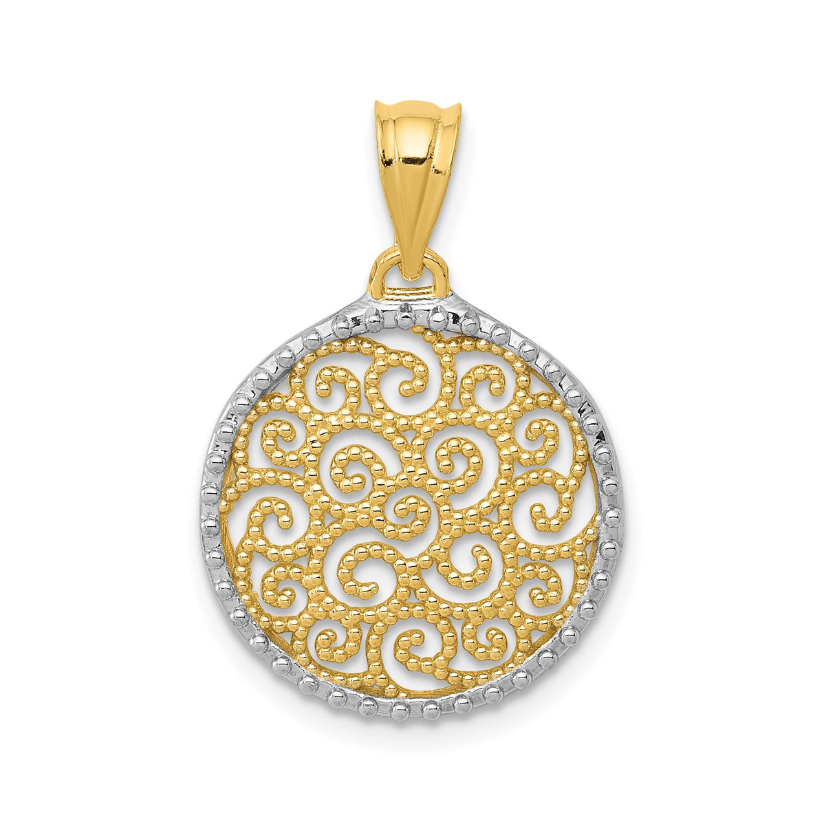 14k Multi-Tone Gold Pendant, Round Filigree Design with Swirling Openwork Pattern for Women