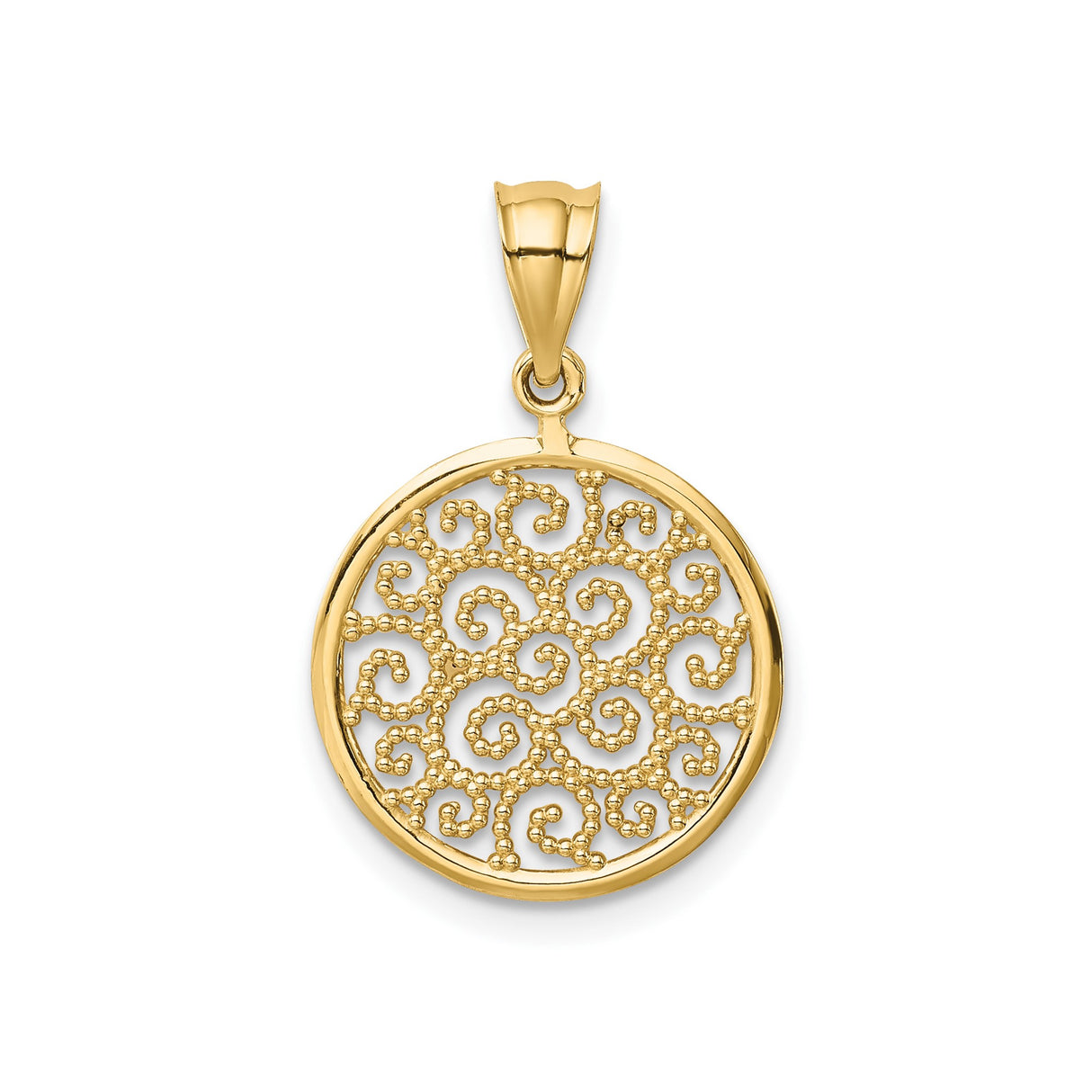 14k Yellow Gold Round Pendant with Filigree Openwork Scroll and Swirl Design for Women