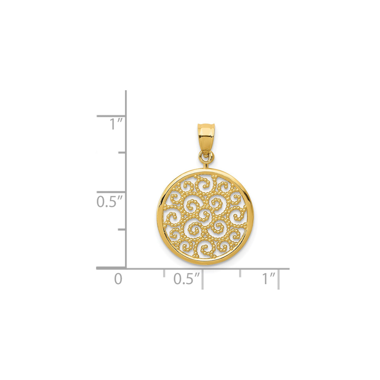 14k Yellow Gold Round Pendant with Filigree Openwork Scroll and Swirl Design for Women