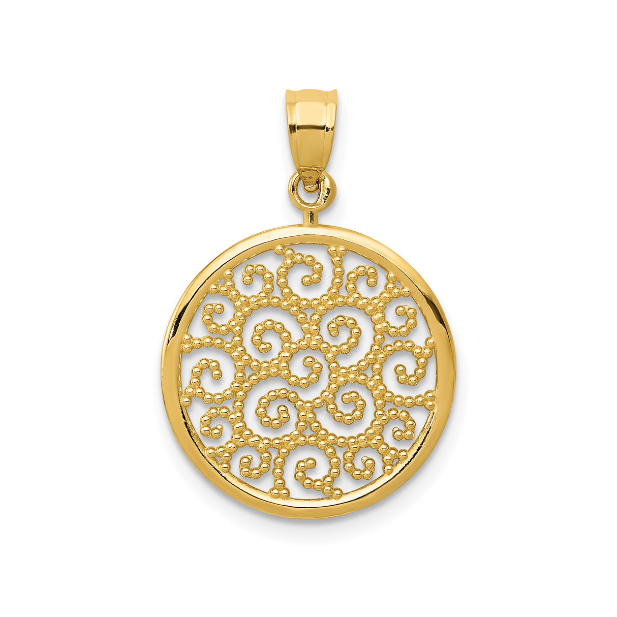 14k Yellow Gold Round Pendant with Filigree Openwork Scroll and Swirl Design for Women