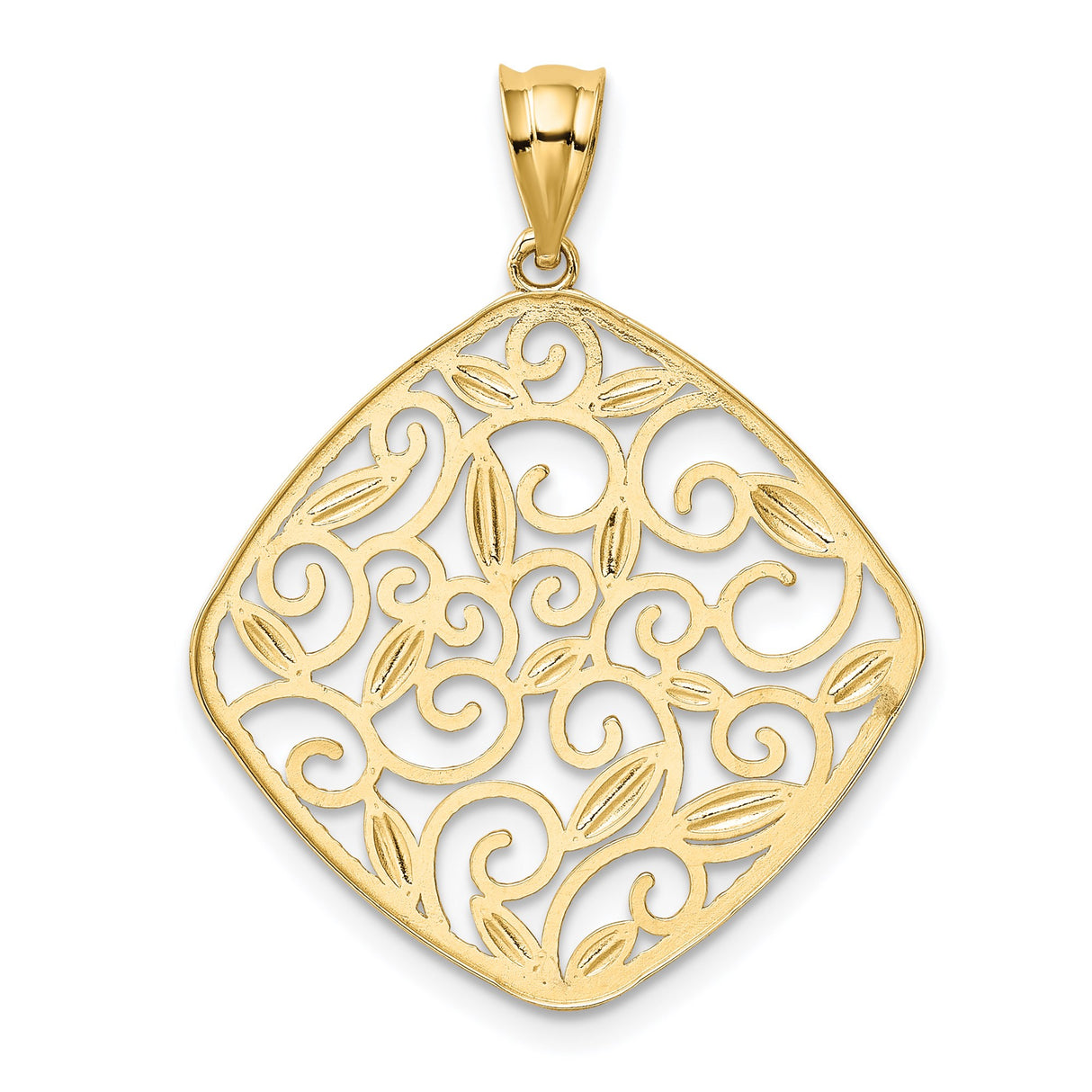 14k Two-Tone Gold Diamond-Shaped Pendant with Filigree Scroll and Leaf Design for Women