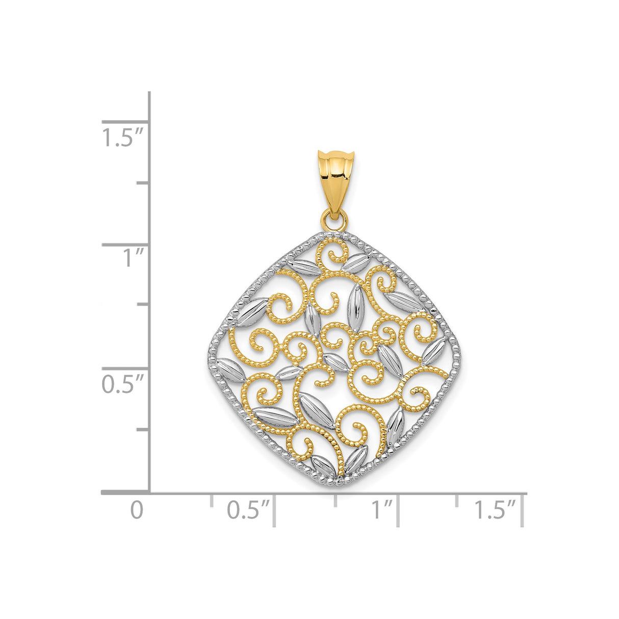 14k Two-Tone Gold Diamond-Shaped Pendant with Filigree Scroll and Leaf Design for Women