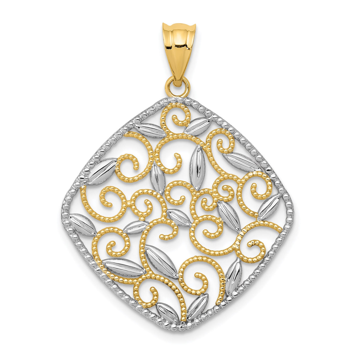 14k Two-Tone Gold Diamond-Shaped Pendant with Filigree Scroll and Leaf Design for Women