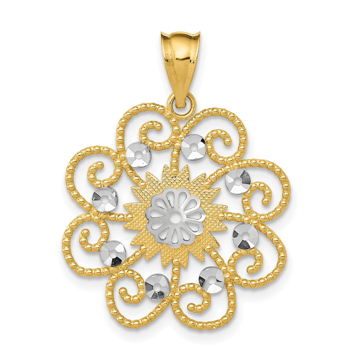 14k Yellow Gold and Rhodium Flower Pendant with Filigree Swirls and Diamond-Cut Accents