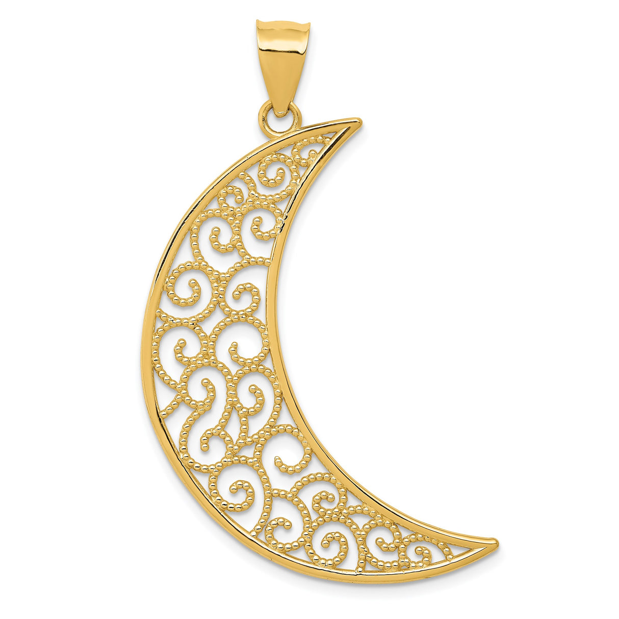 14k Yellow Gold Crescent Moon Pendant with Filigree Scrollwork, Celestial Boho Jewelry for Women