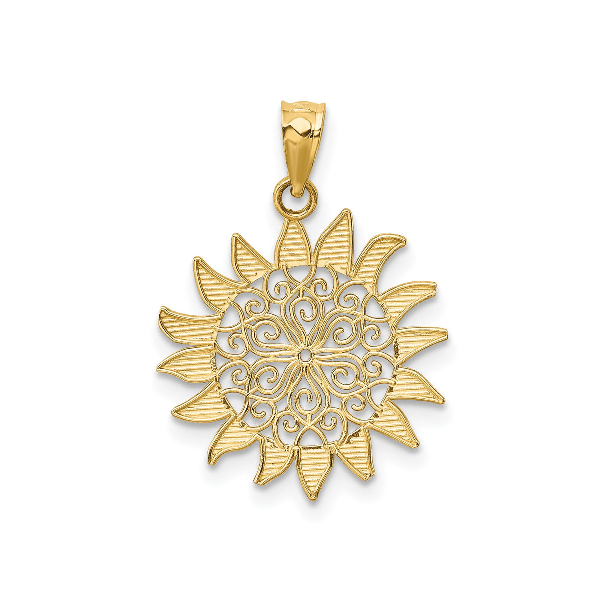 14k Yellow Gold Sunburst Pendant with Intricate Filigree Design, Boho Celestial Style for Women