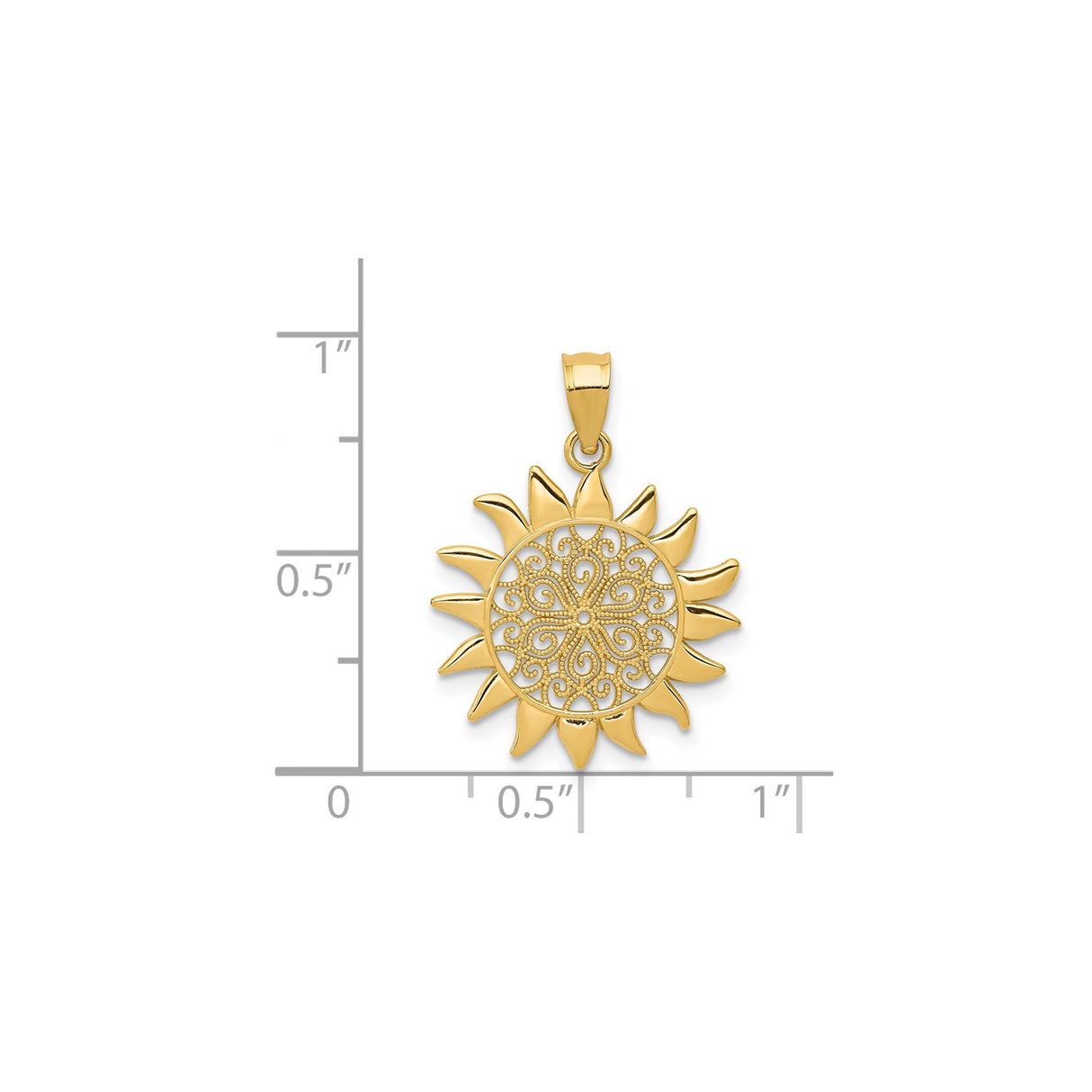 14k Yellow Gold Sunburst Pendant with Intricate Filigree Design, Boho Celestial Style for Women