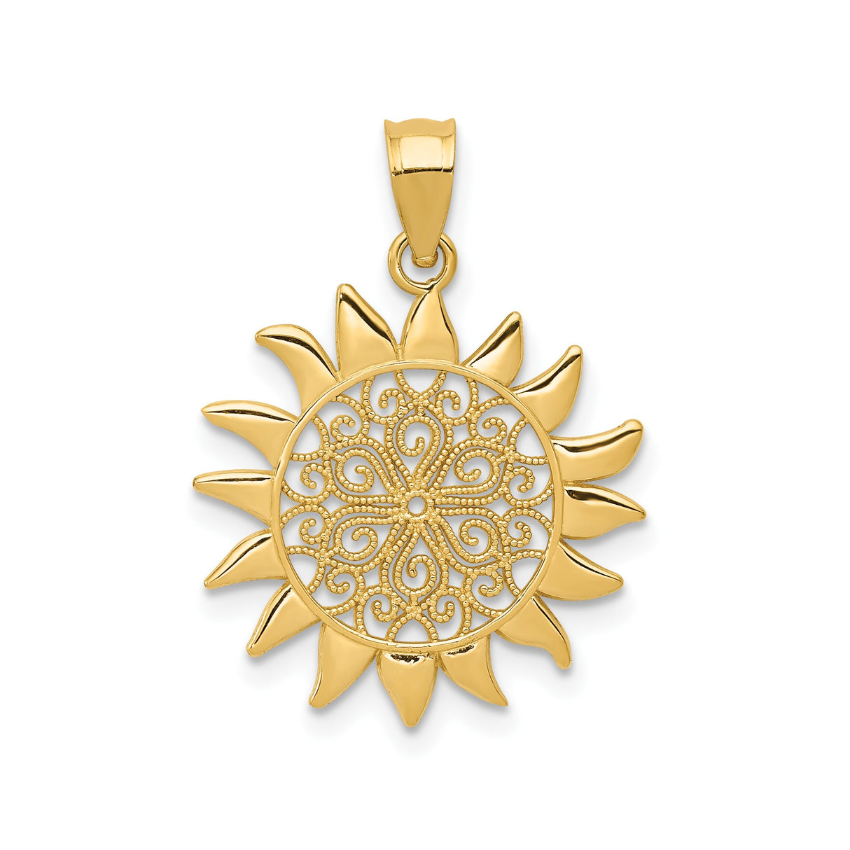 14k Yellow Gold Sunburst Pendant with Intricate Filigree Design, Boho Celestial Style for Women
