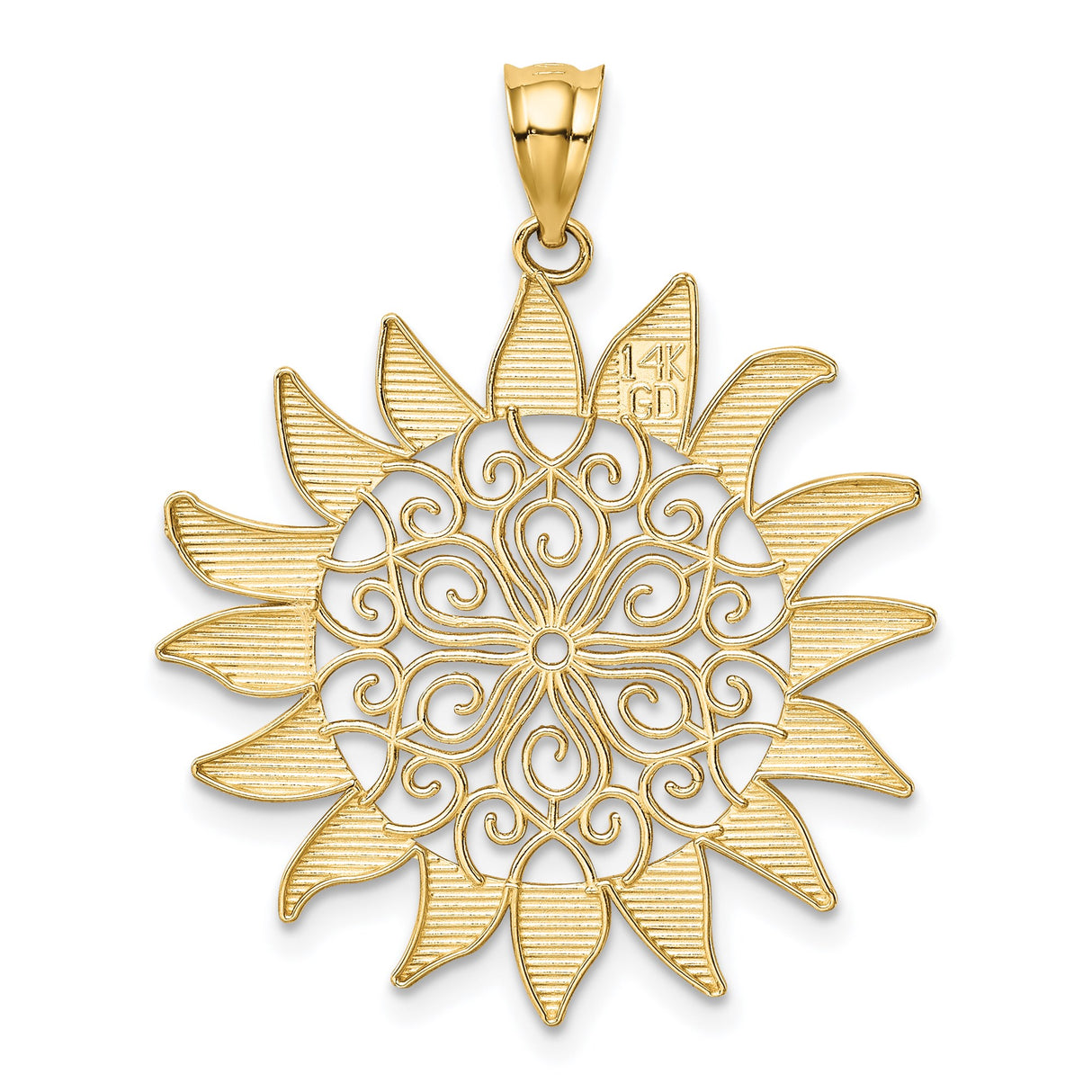 14k Yellow Gold Sunburst Pendant with Filigree Design, Boho Spiritual Symbol for Women