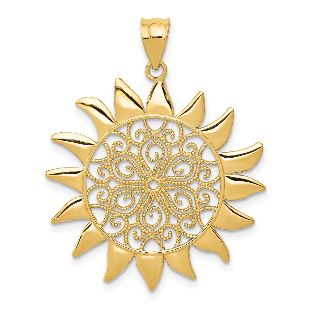 14k Yellow Gold Sunburst Pendant with Filigree Design, Boho Spiritual Symbol for Women