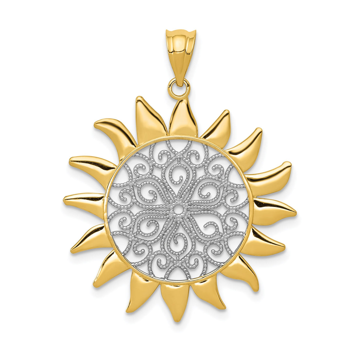 14k Multi-Tone Gold Filigree Sunburst Pendant with Scroll Detailing and Mandala Design