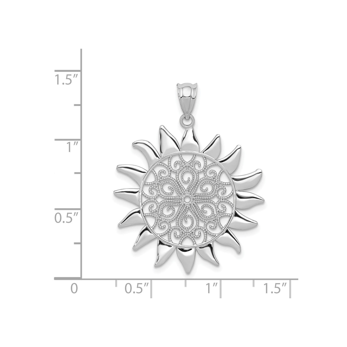 14k White Gold Sunburst Pendant with Filigree Design, Nature-Inspired Spiritual Charm