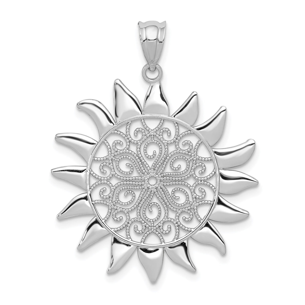 14k White Gold Sunburst Pendant with Filigree Design, Nature-Inspired Spiritual Charm