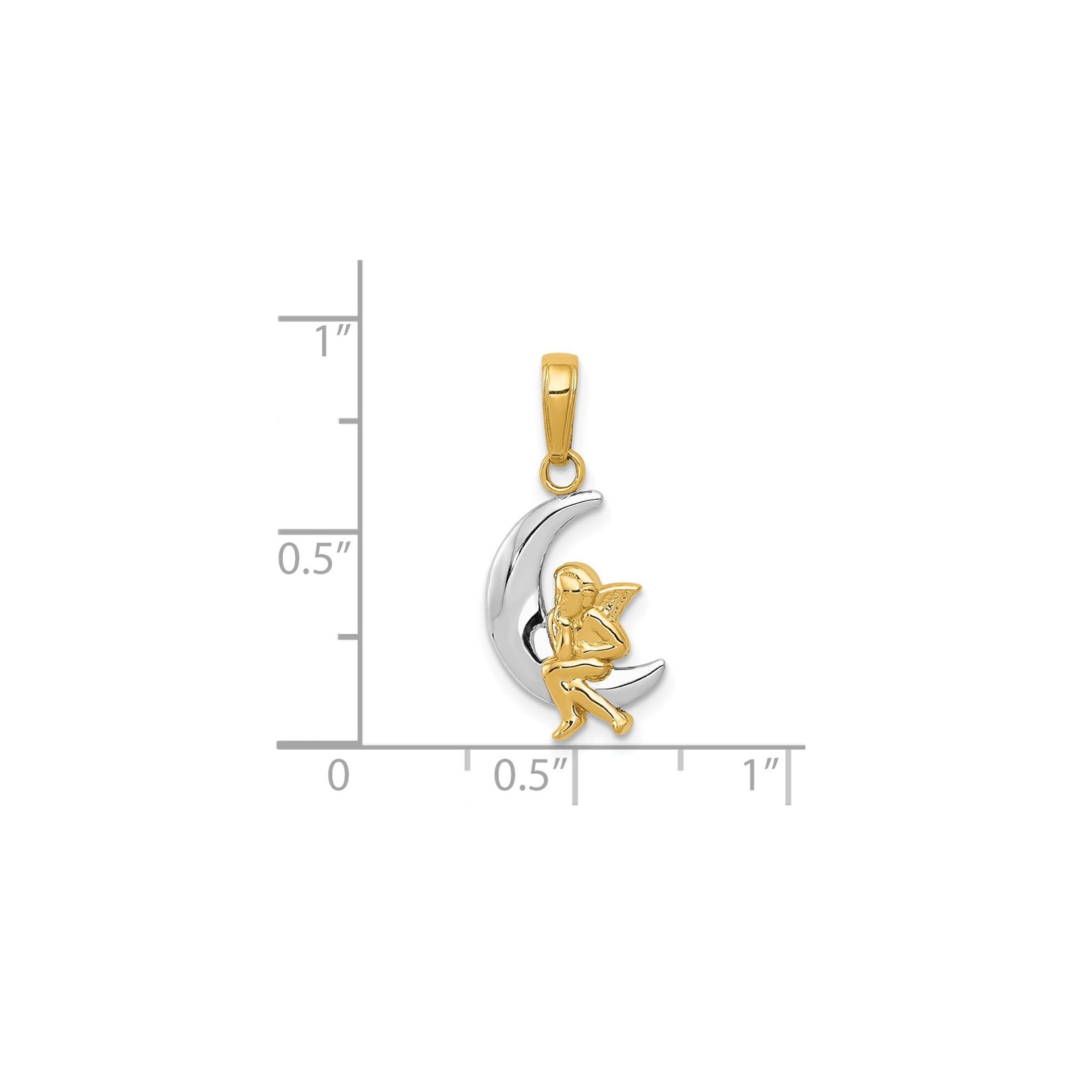 14k Two-Tone Gold Angel on Crescent Moon Pendant, Spiritual Charm for Women or Girls