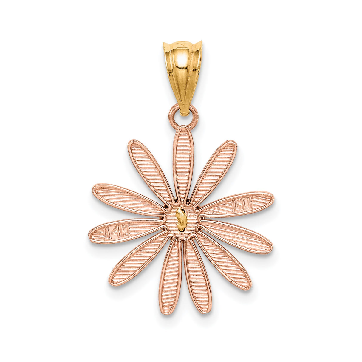 14k Two-Tone Gold Daisy Pendant with Rose Gold Petals and Textured Center, Floral Charm