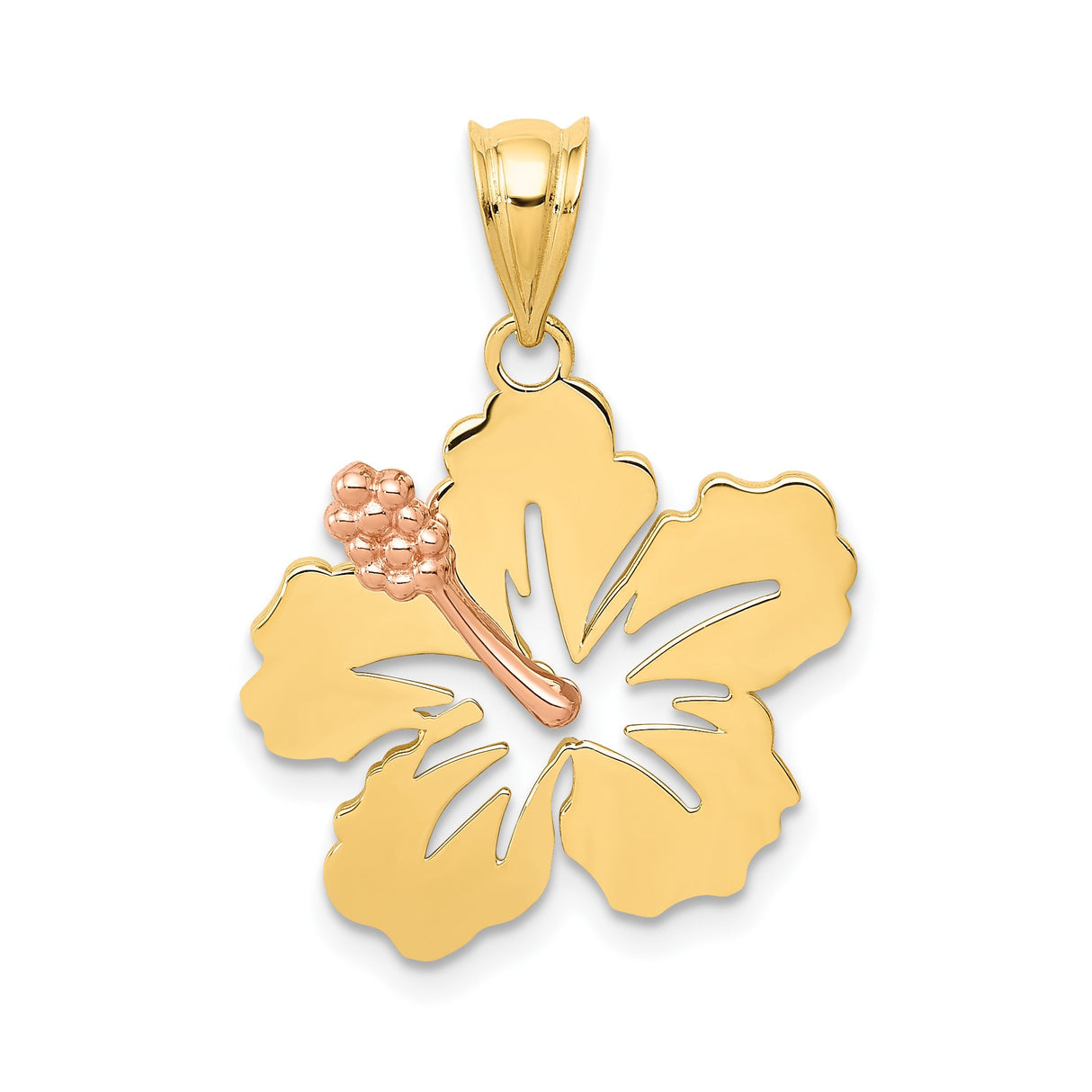 14k Two-Tone Gold Hibiscus Flower Pendant with Polished Stamen, Tropical Floral Charm for Women