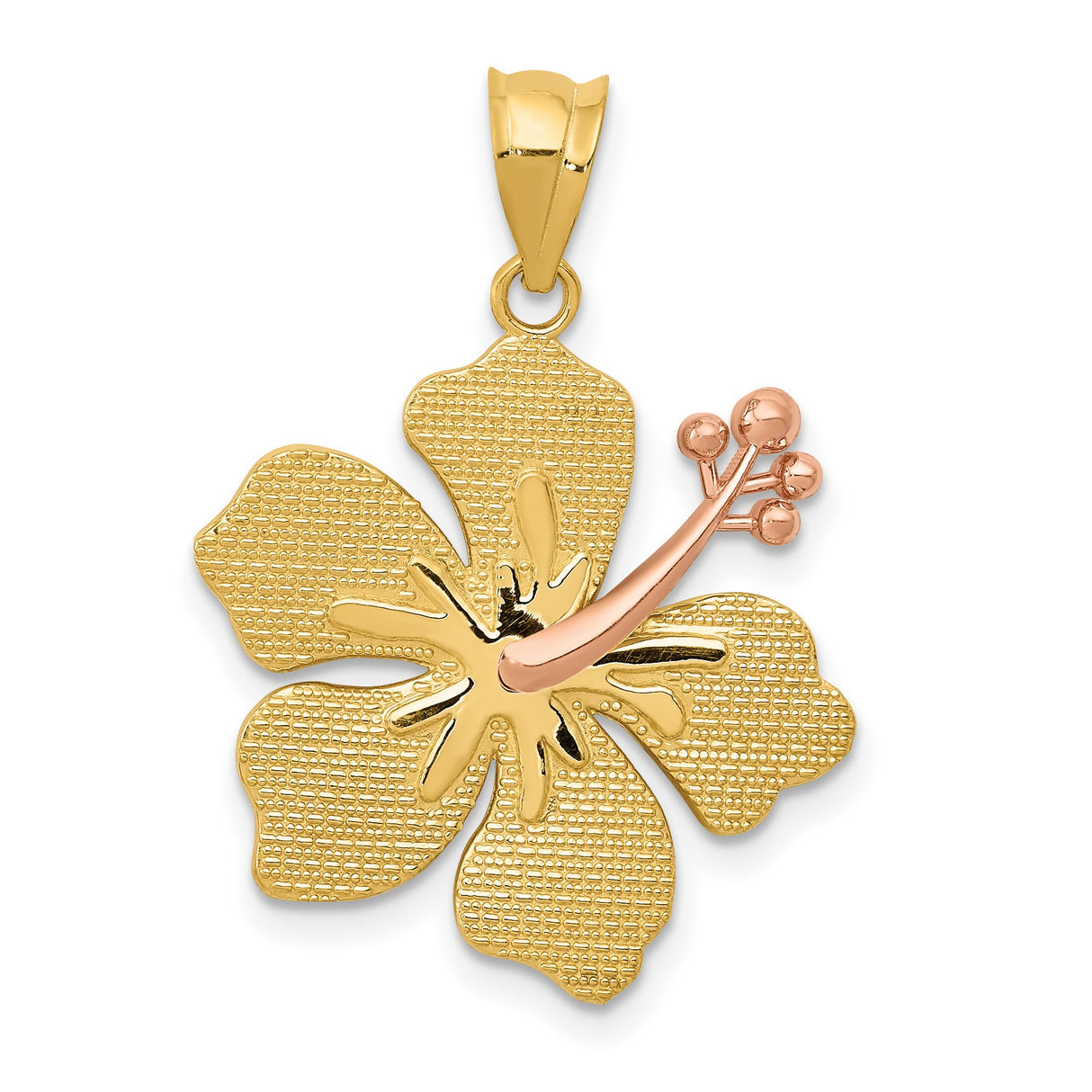 14k Two-Tone Gold Hibiscus Flower Pendant with Textured Petals and Rose Gold Stamen Detail