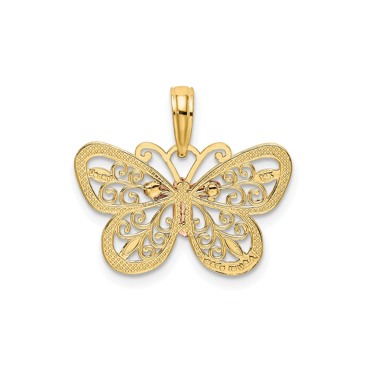 14k Two-Tone Gold Butterfly Pendant with Rose, White, and Yellow Accents, Filigree Design