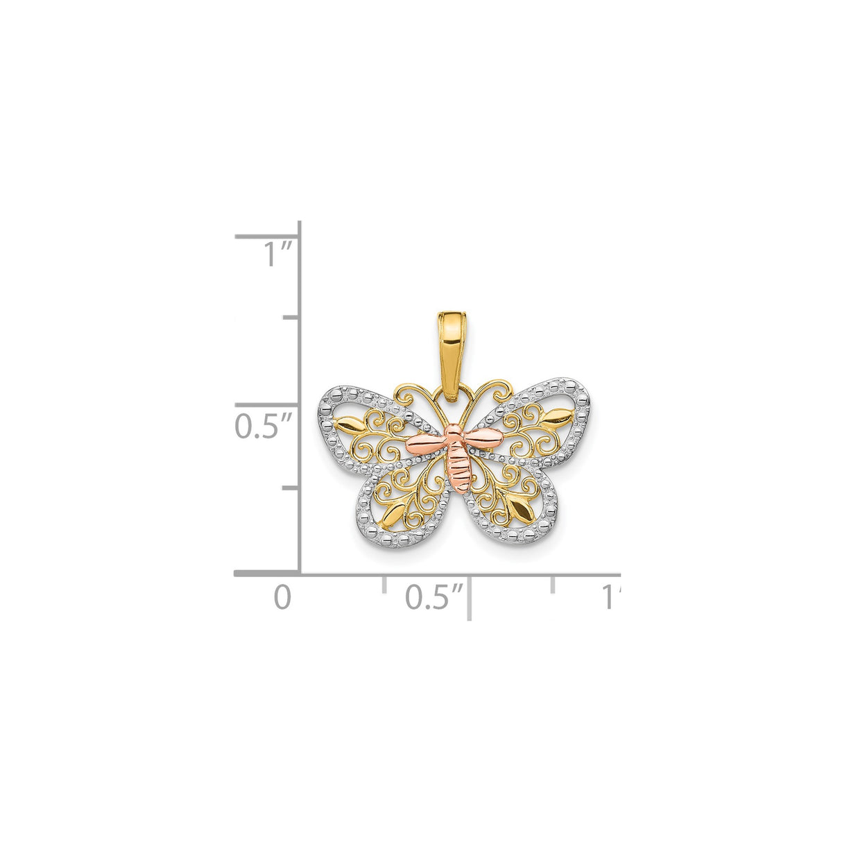 14k Two-Tone Gold Butterfly Pendant with Rose, White, and Yellow Accents, Filigree Design