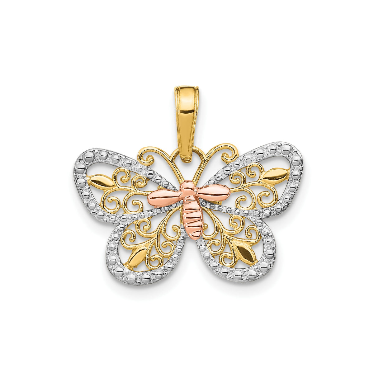14k Two-Tone Gold Butterfly Pendant with Rose, White, and Yellow Accents, Filigree Design