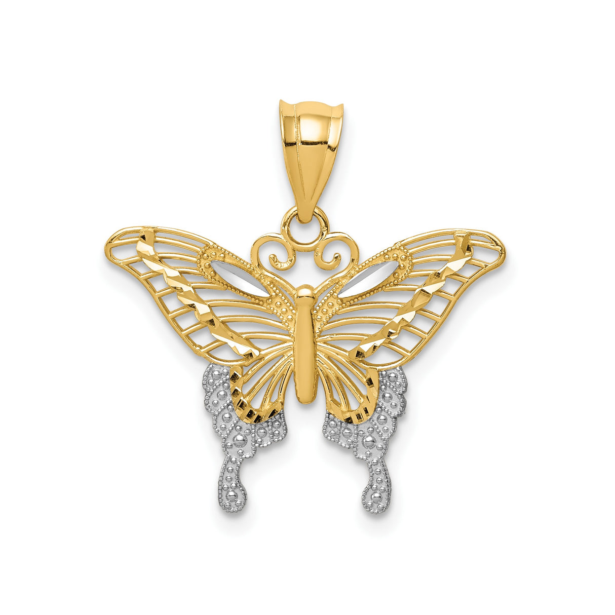 14k Two-Tone Gold Butterfly Pendant with Openwork Wings and Rhodium Accents