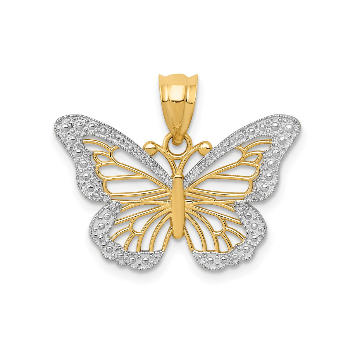 14k Multi-Tone Gold Butterfly Pendant with Rhodium Accents and Filigree Design