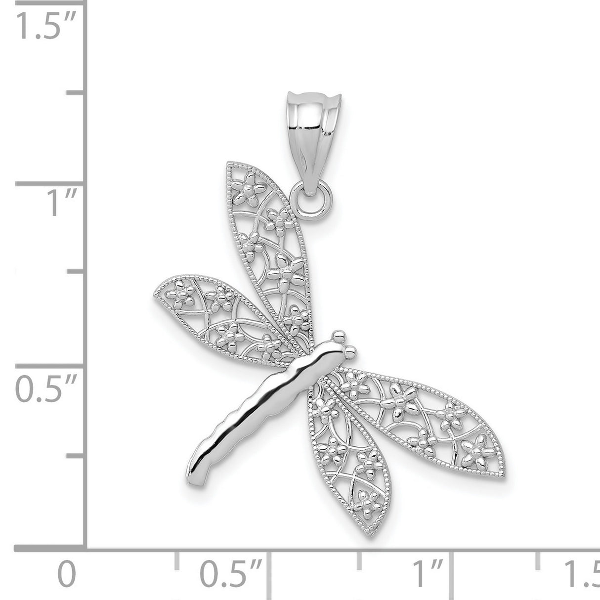 14k White Gold Dragonfly Pendant with Filigree Wings and Floral Motifs for Women