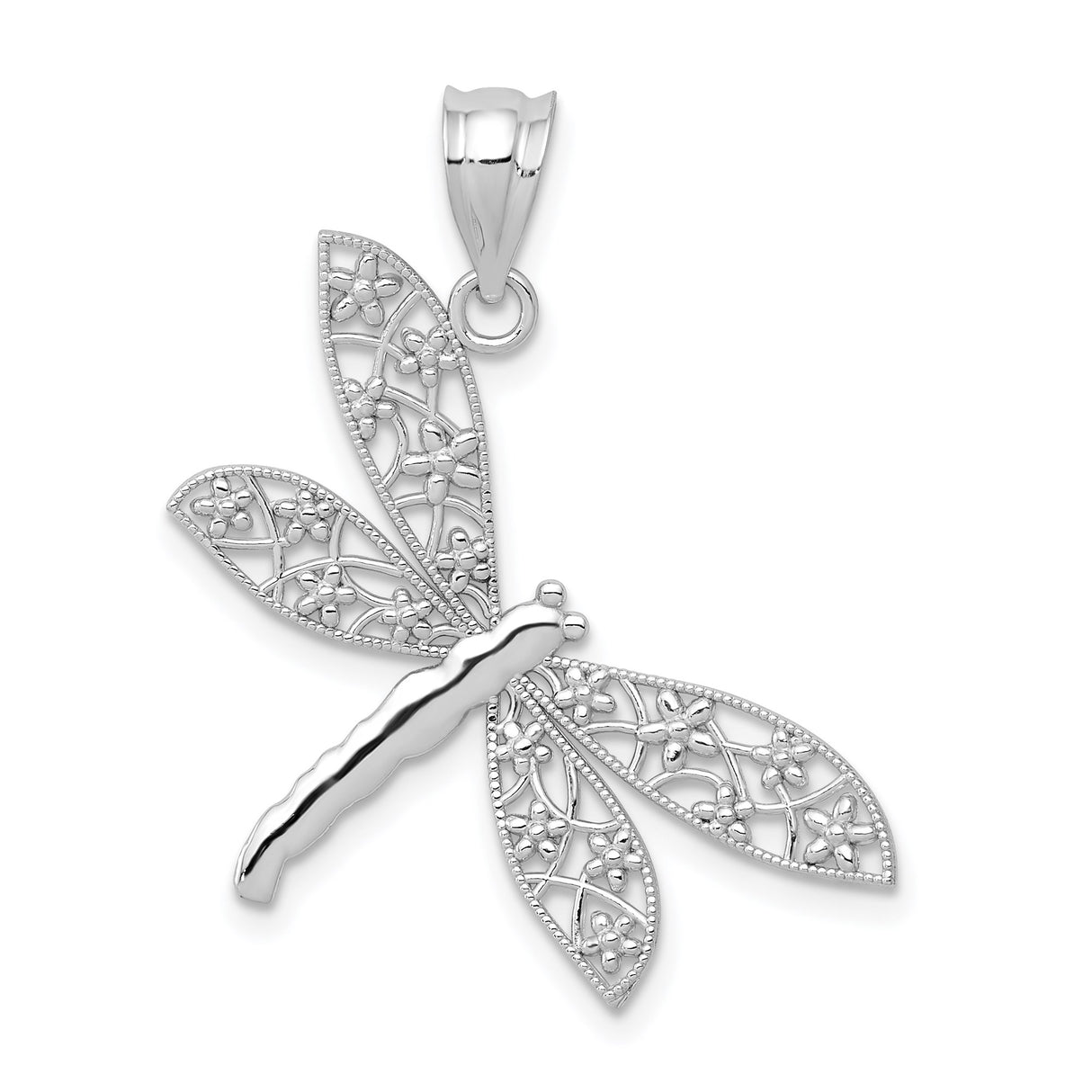14k White Gold Dragonfly Pendant with Filigree Wings and Floral Motifs for Women