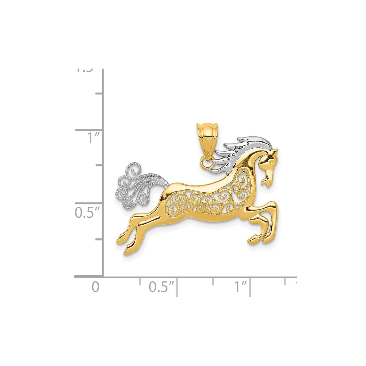 14k Two-Tone Gold Leaping Horse Pendant with Rhodium Accents and Filigree Detail
