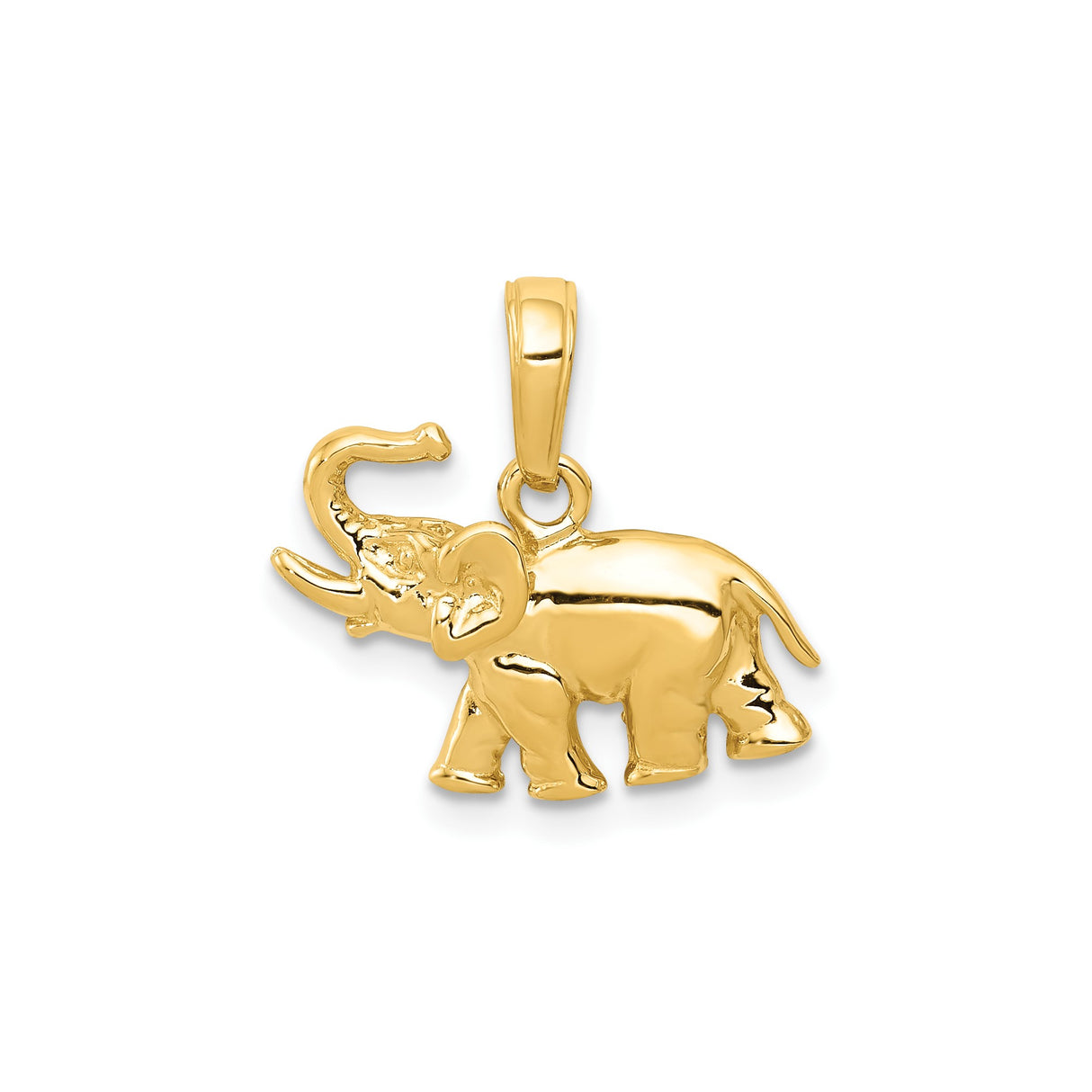 14k Yellow Gold Elephant Pendant with Raised Trunk, Animal Charm for Luck and Wisdom