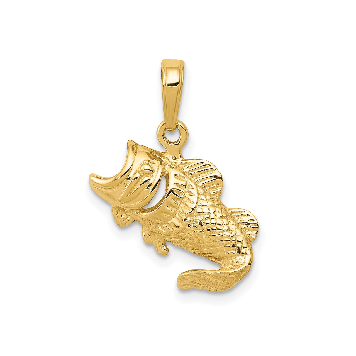 14k Yellow Gold Bass Fish Pendant with Textured Scales and Fins, Outdoor Nature Charm