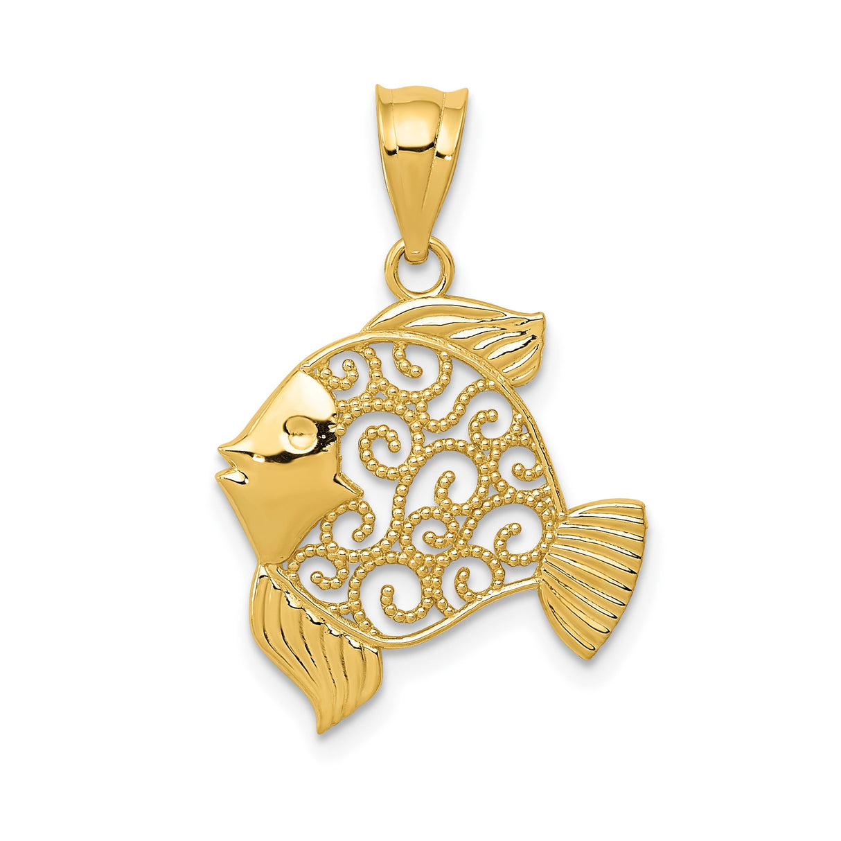 14k Yellow Gold Fish Pendant with Openwork Swirl Detail, Nautical and Faith-Inspired Design