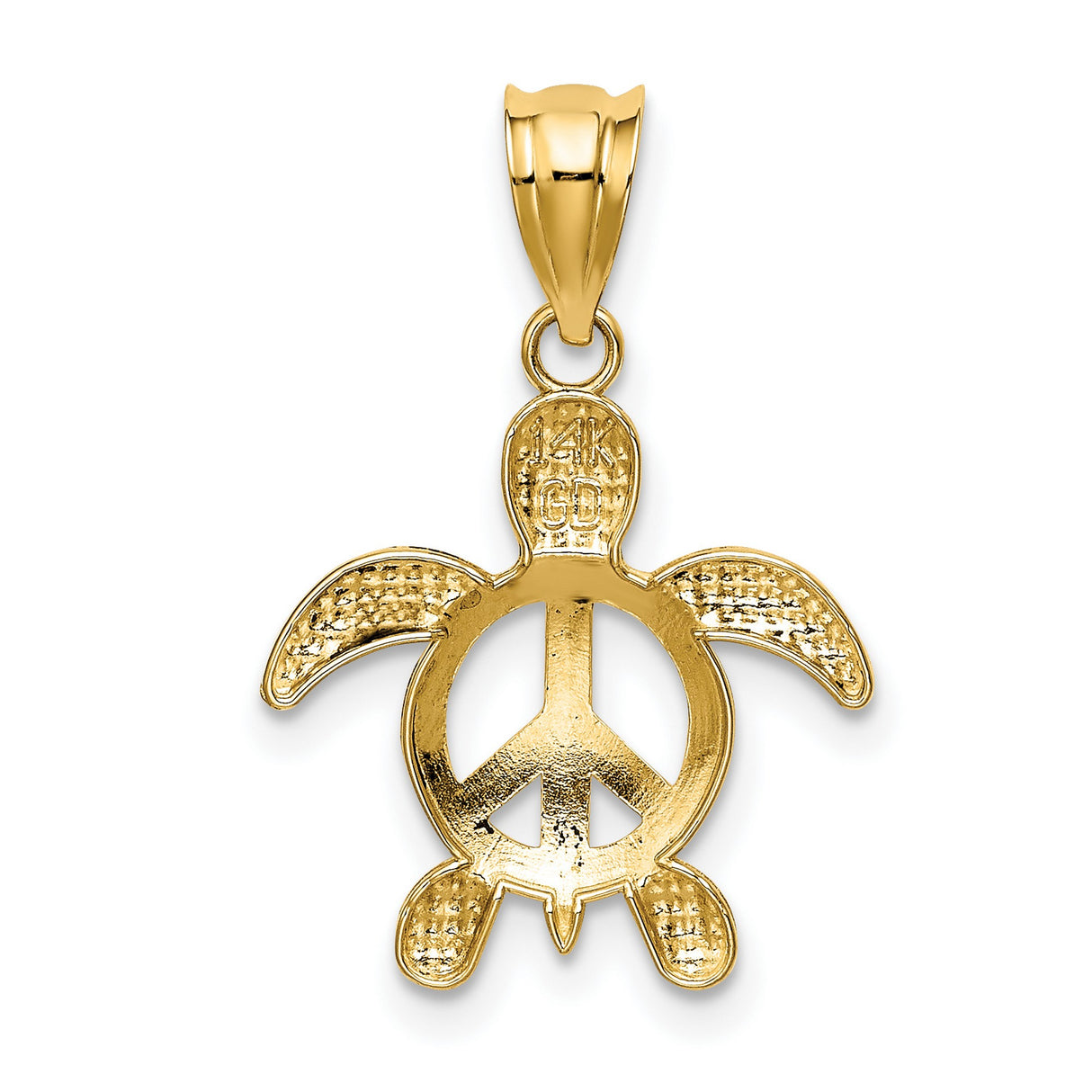 Turtle With Peace Symbol On Body Charm Pendant in Real 14k Yellow Gold