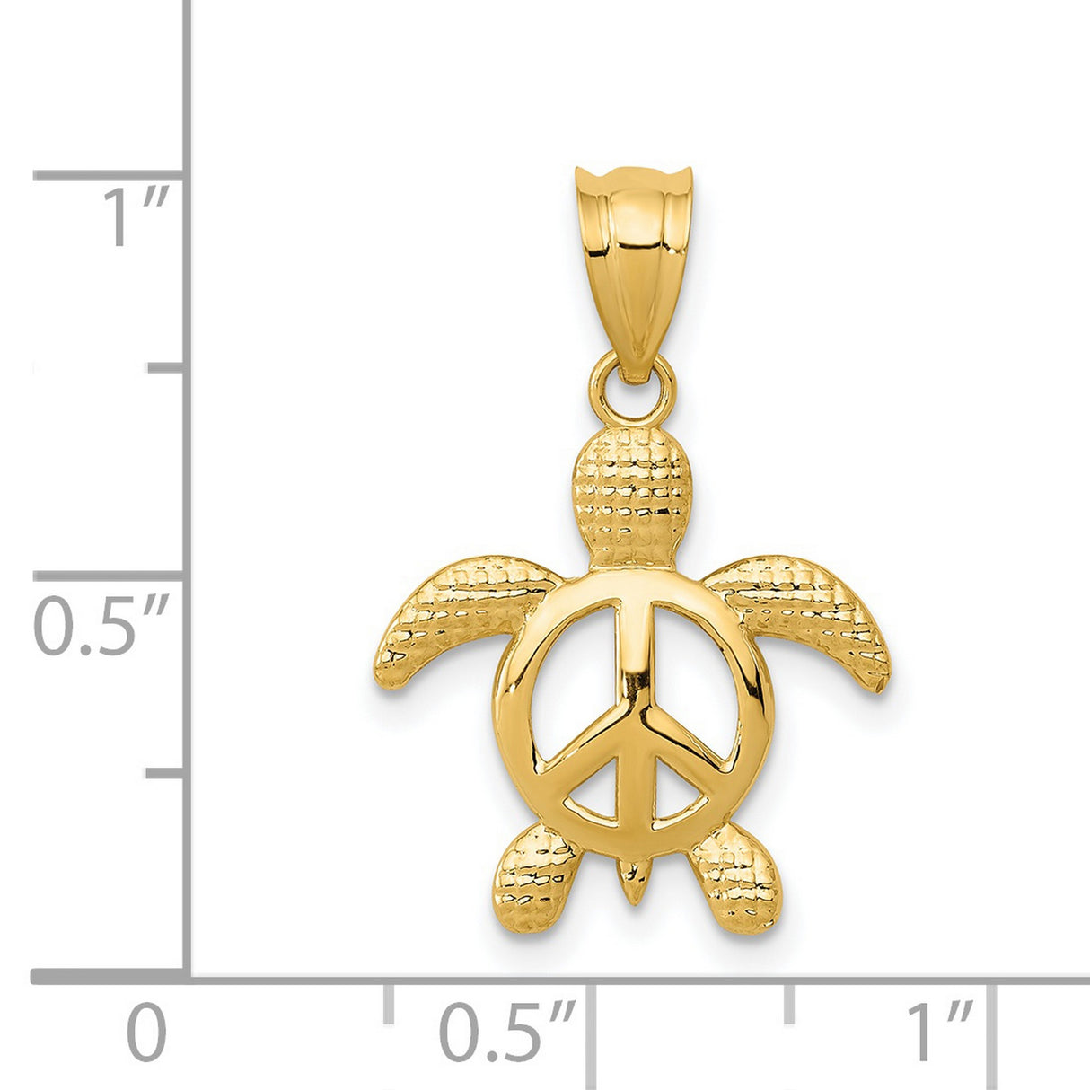 Turtle With Peace Symbol On Body Charm Pendant in Real 14k Yellow Gold