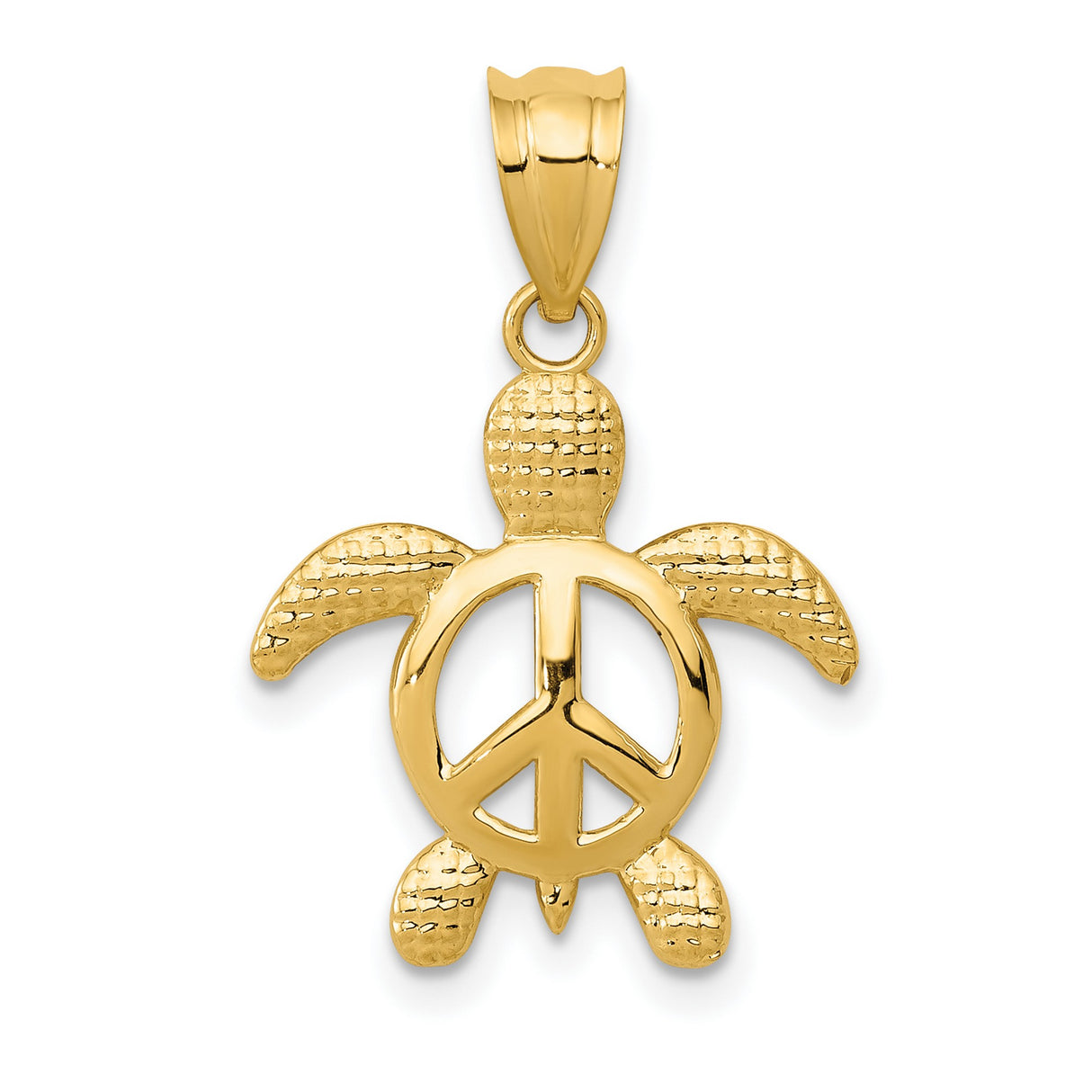 Turtle With Peace Symbol On Body Charm Pendant in Real 14k Yellow Gold