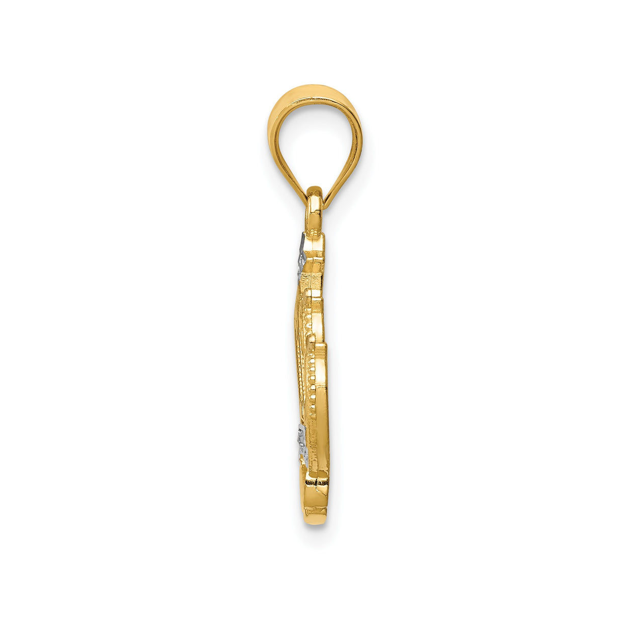 14k Multi-Tone Gold Crown Pendant with Filigree Design and Rhodium Trim