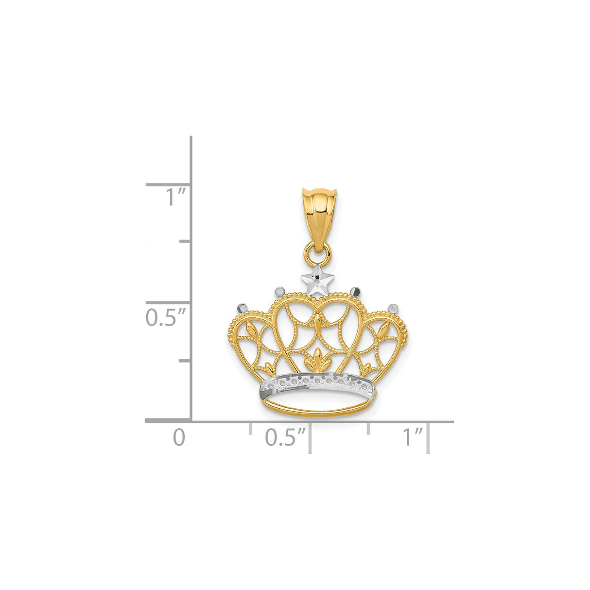 14k Multi-Tone Gold Crown Pendant with Filigree Design and Rhodium Trim
