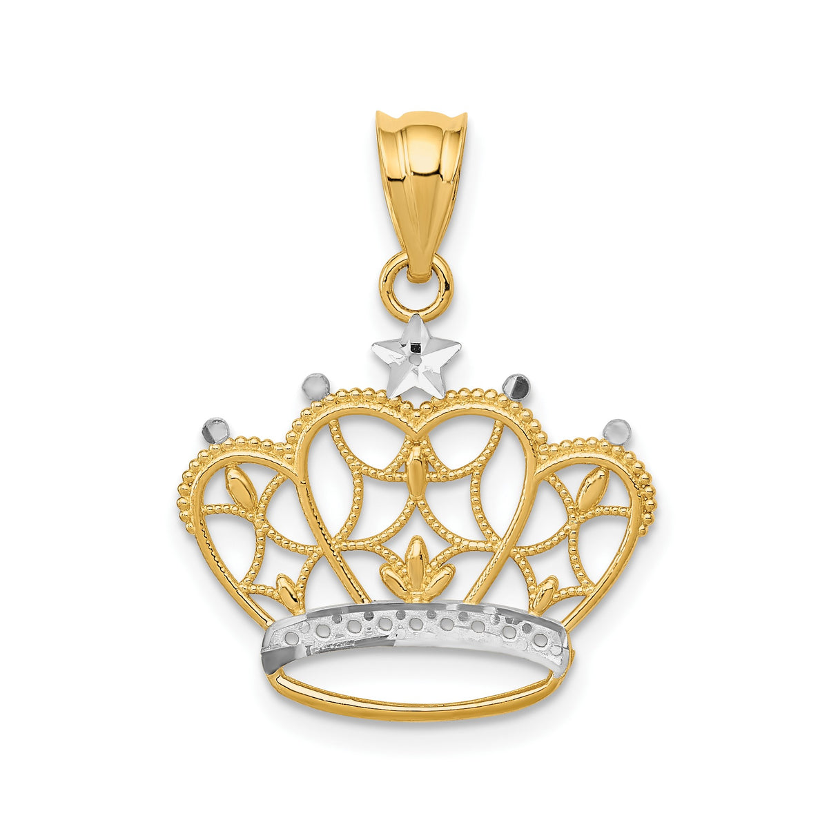 14k Multi-Tone Gold Crown Pendant with Filigree Design and Rhodium Trim