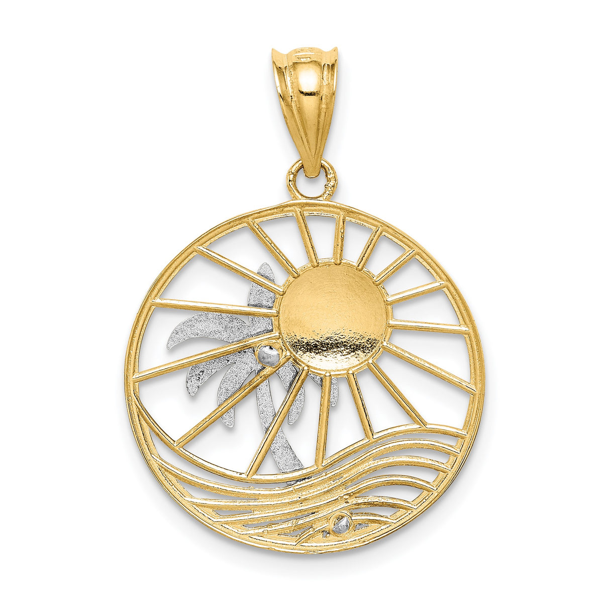 14k Two-Tone Gold Palm Tree Pendant with Sun and Ocean Wave Design