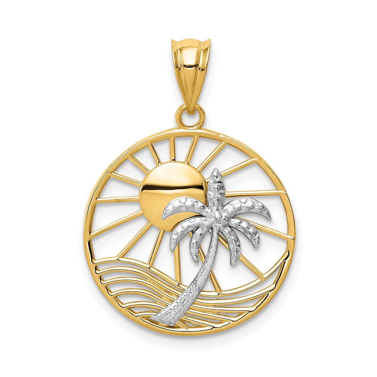 14k Two-Tone Gold Palm Tree Pendant with Sun and Ocean Wave Design