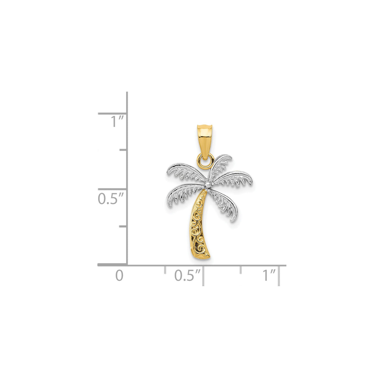 14k Multi-Tone Gold Palm Tree Pendant with Scroll Detailing, Tropical Beach Charm
