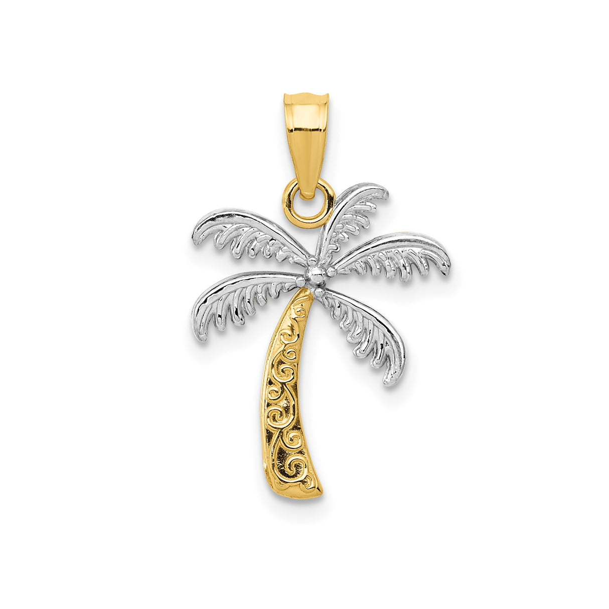 14k Multi-Tone Gold Palm Tree Pendant with Scroll Detailing, Tropical Beach Charm