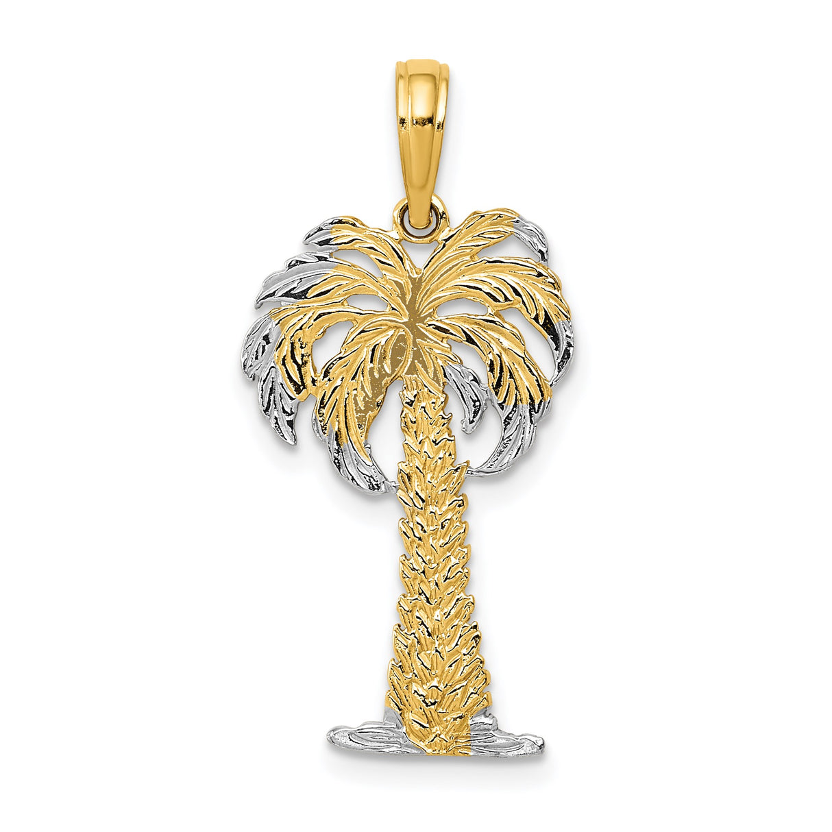 14k Multi-Tone Gold Palm Tree Pendant with Rhodium Detail, Tropical Island Charm