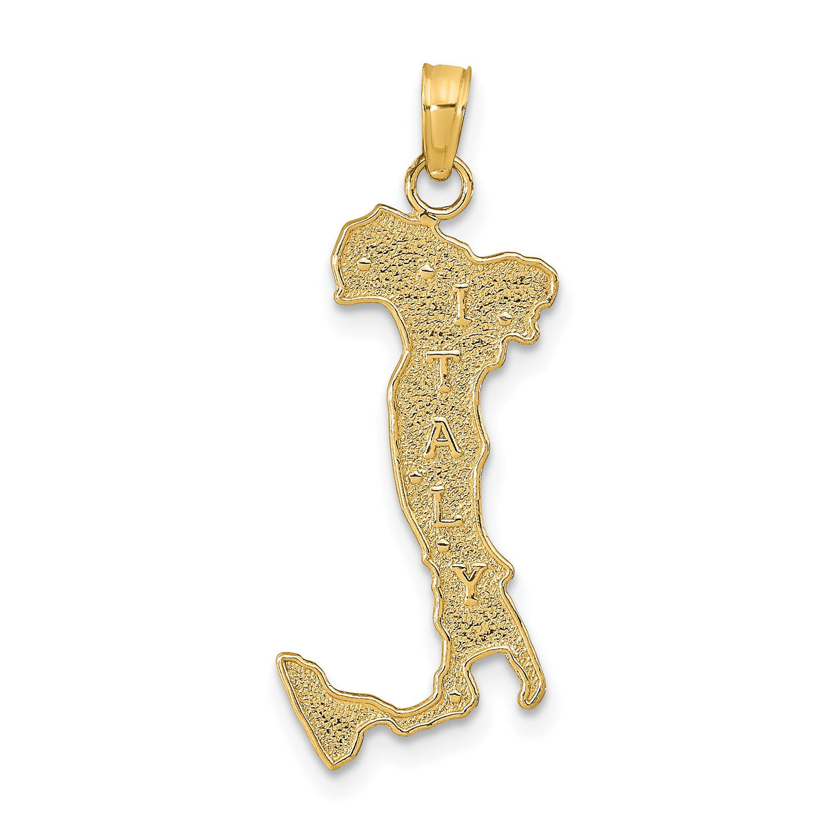 14k Yellow Gold Italy Map Pendant with Textured Outline and Vertical Italy Engraving